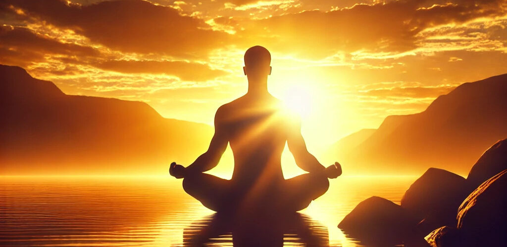 Personne méditant au coucher du soleil, symbole de calme et de paix intérieure