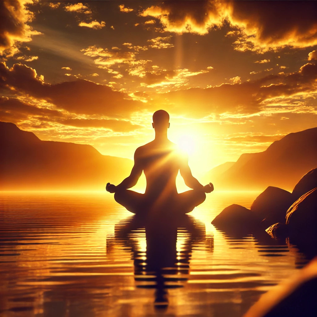 Personne méditant au coucher du soleil, symbole de calme et de paix intérieure
